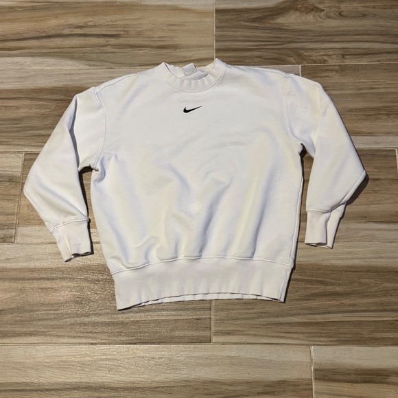 Nike Tops - Nike Sportswear Essential Crewneck Sweatshirt White Mini Swoosh XS Oversized